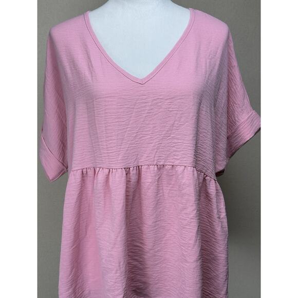 Entro Top Women L Pink Cuffed Short Sleeve Babydoll Flowy V Neck Blouse - Picture 2 of 10